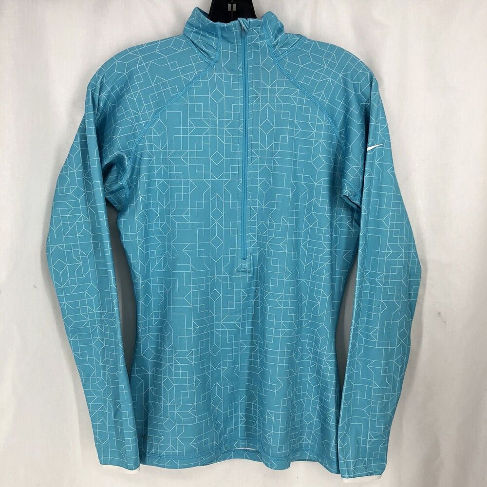 Nike Pro Dri Fit Womens Half Zip Pullover Thumbholes Blue White Size Medium